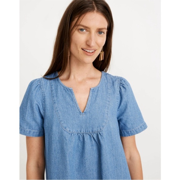 Madewell Womens Medium Blue Linen Blend Short Sleeve Denim Popover Swing Dress - Picture 3 of 9